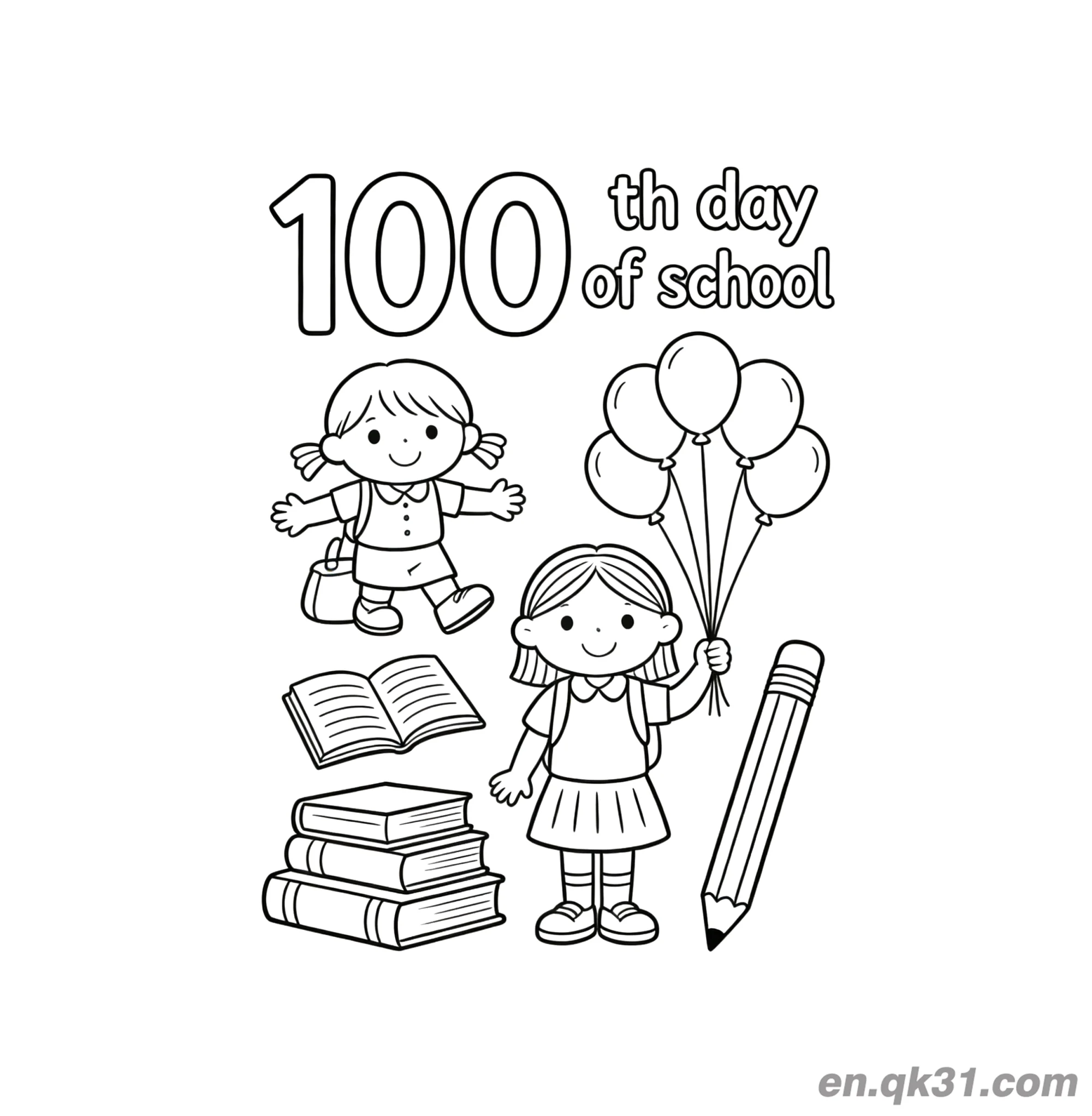 免费 女孩气球与书本堆叠的开学第100天涂色页 简笔画涂色页