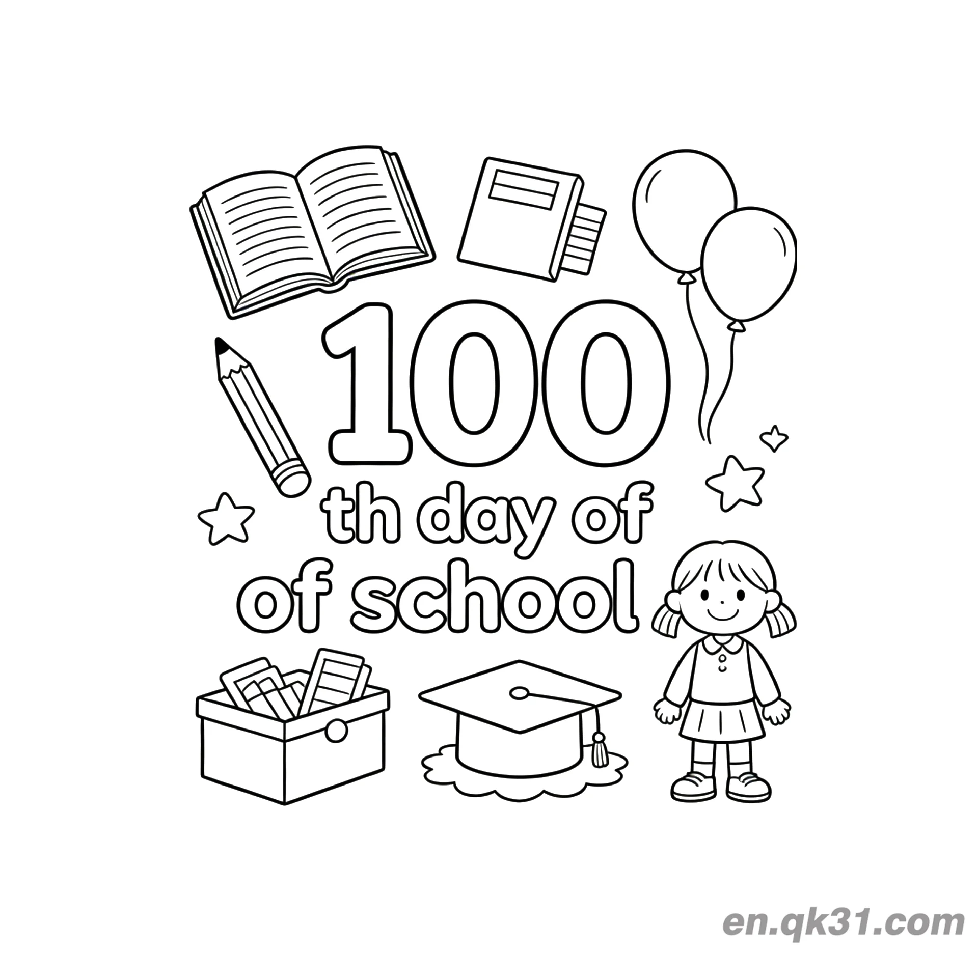 免费 气球与毕业帽的开学第100天涂色页 简笔画涂色页