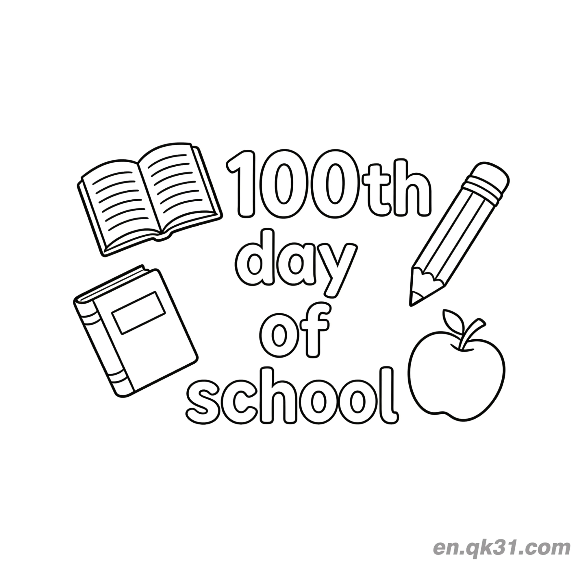 免费 书本铅笔苹果边框的开学第100天涂色页 简笔画涂色页