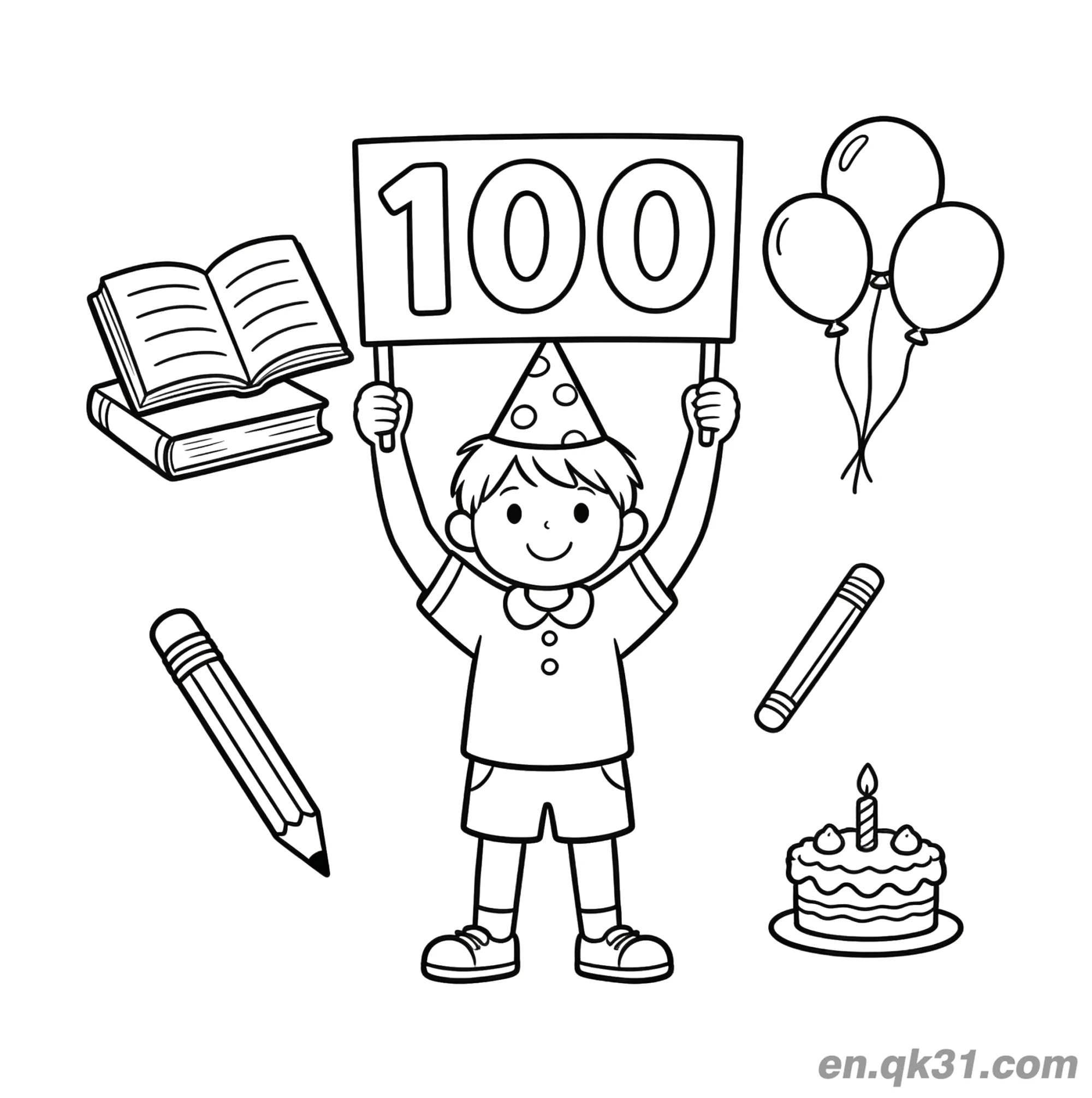 免费 男孩举着100牌与派对元素的开学第100天涂色页 简笔画涂色页