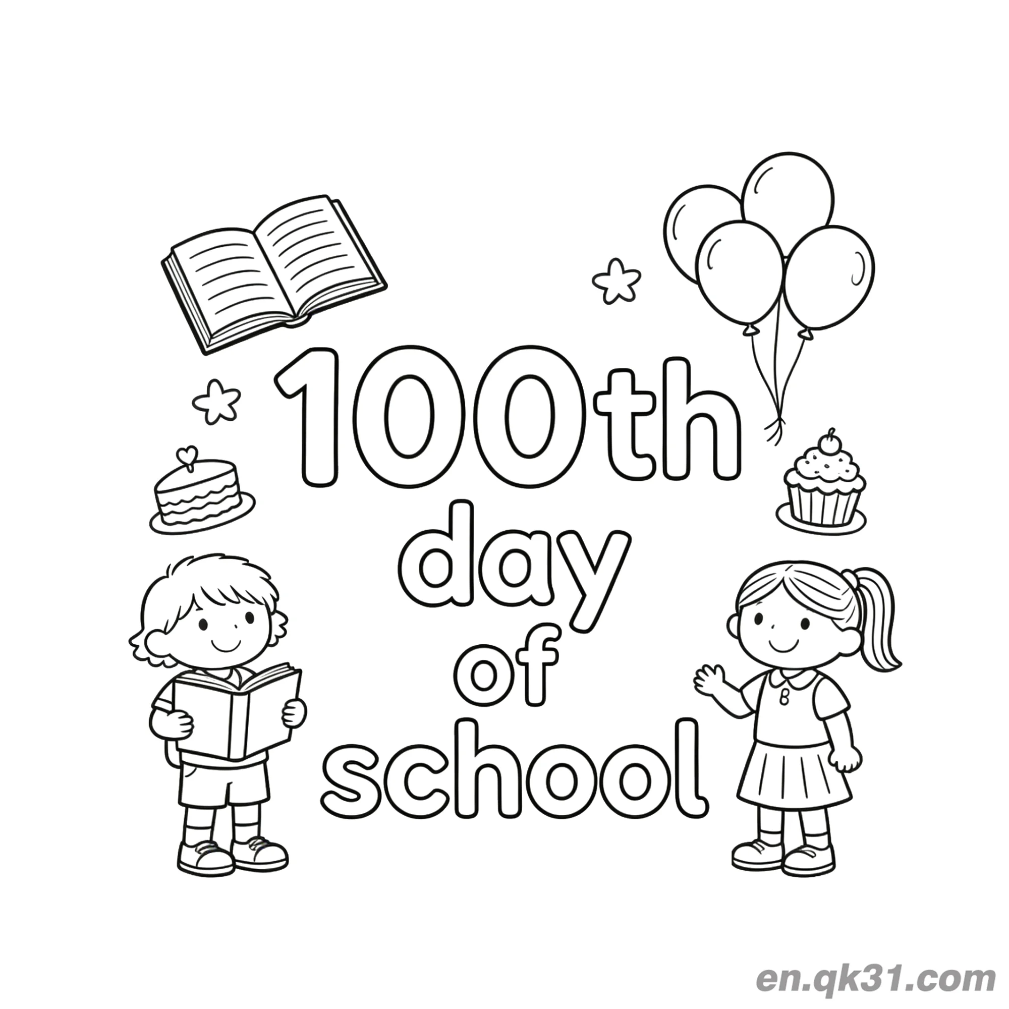 免费 蛋糕与两个孩子的开学第100天涂色页 简笔画涂色页