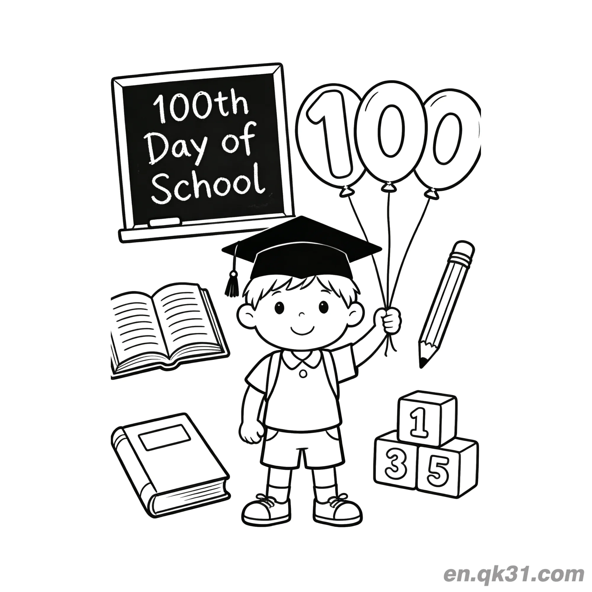 免费 黑板与毕业男孩的开学第100天涂色页 简笔画涂色页