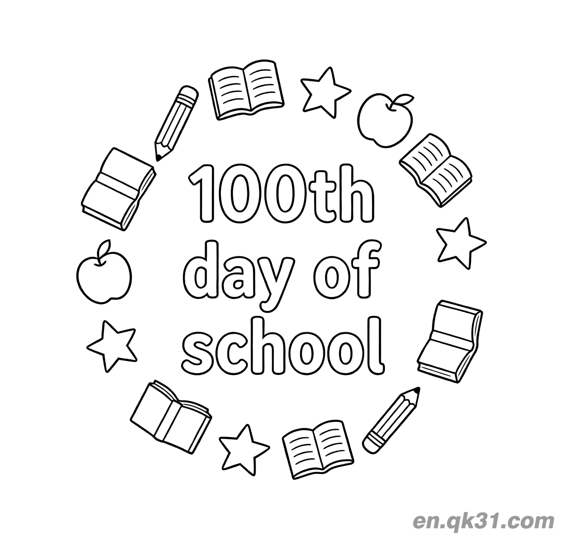 免费 圆形元素边框的开学第100天涂色页 简笔画涂色页