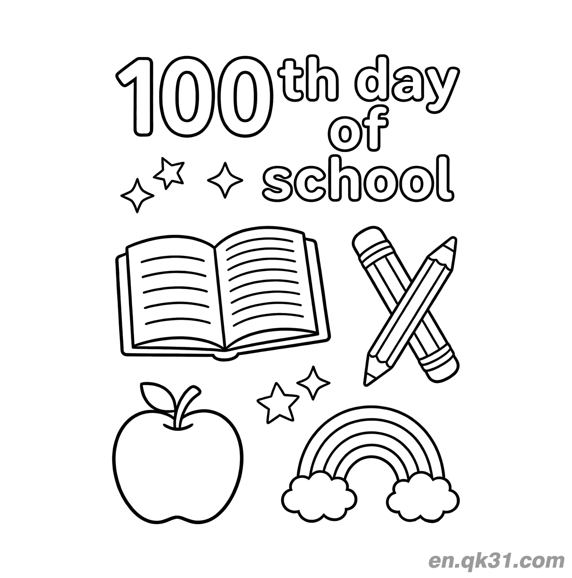 免费 交叉铅笔彩虹与苹果的开学第100天涂色页 简笔画涂色页