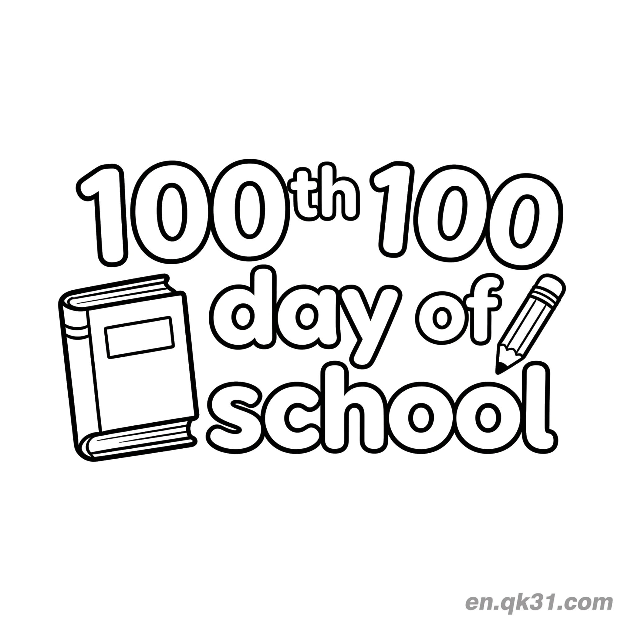 免费 双100文字书本与铅笔的开学第100天涂色页 简笔画涂色页