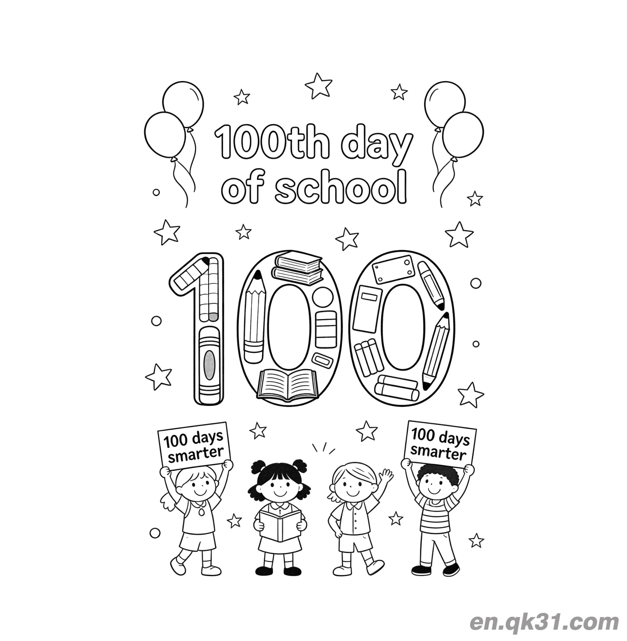 免费 四个孩子举牌与装饰100的开学第100天涂色页 100 简笔画涂色页