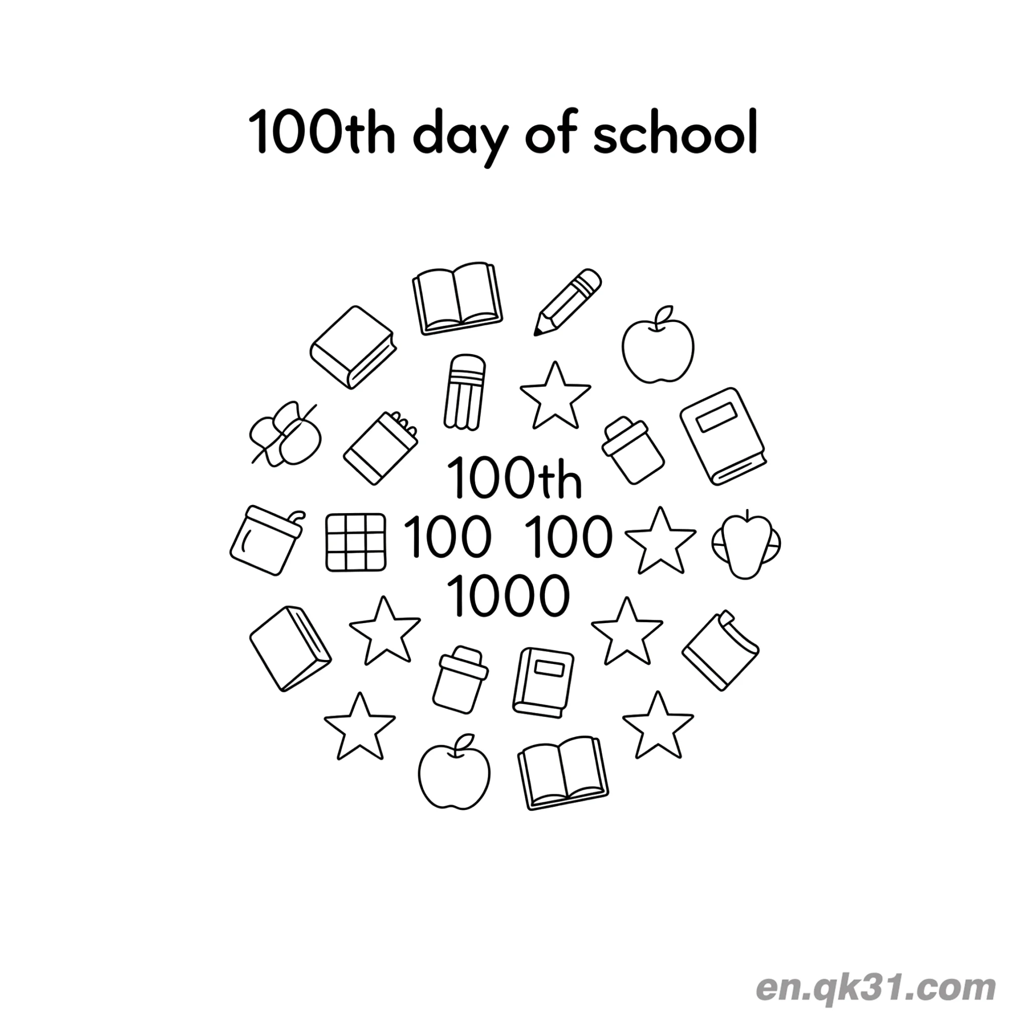 免费 迷你元素圆形边框的开学第100天涂色页 简笔画涂色页