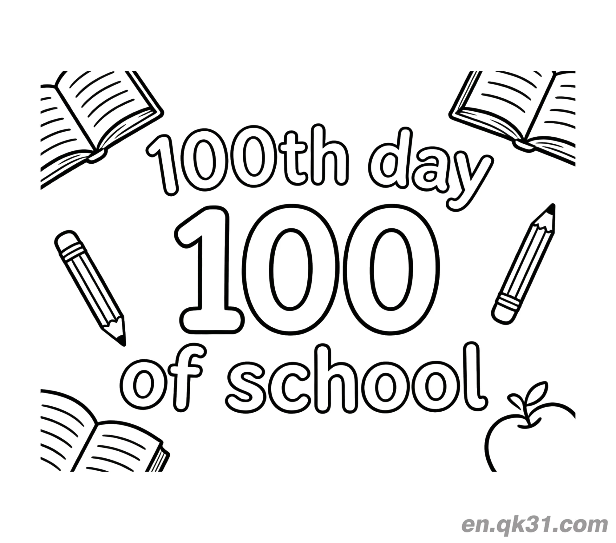 免费 多本书与铅笔的开学第100天涂色页 简笔画涂色页