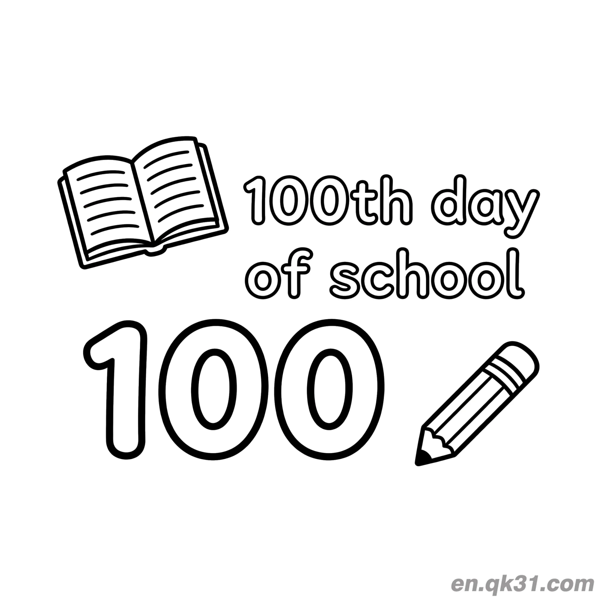 免费 翻开书本与铅笔的开学第100天涂色页 简笔画涂色页