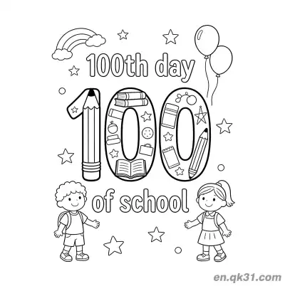 铅笔100与彩虹的开学第100天涂色页 – 免费可打印简笔画涂色画