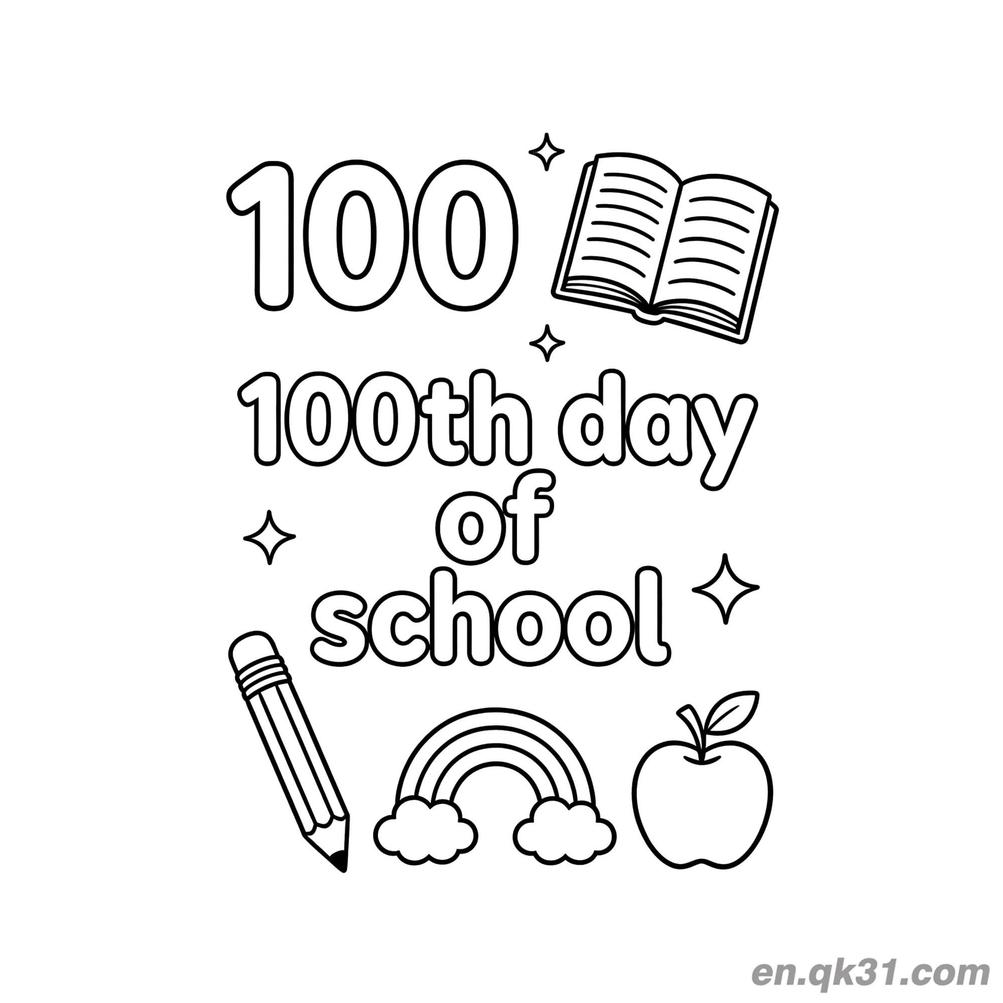 免费 彩虹与苹果的开学第100天涂色页 简笔画涂色页