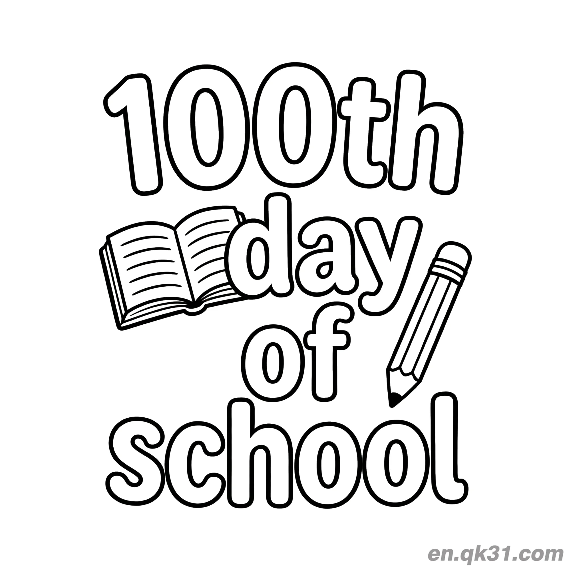 免费 倾斜文字书本与铅笔的开学第100天涂色页 简笔画涂色页