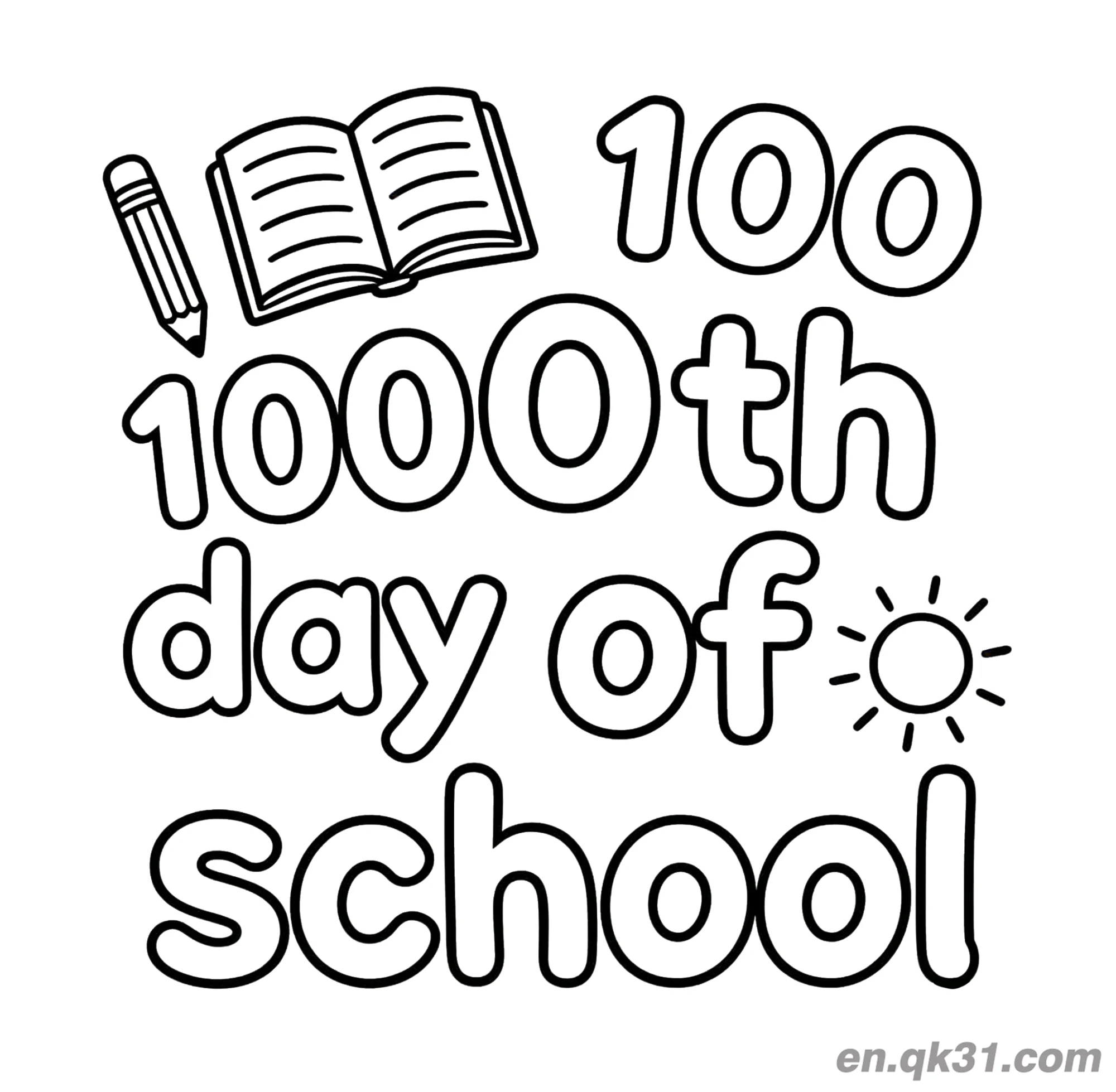 免费 太阳书本与铅笔的开学第100天涂色页 简笔画涂色页