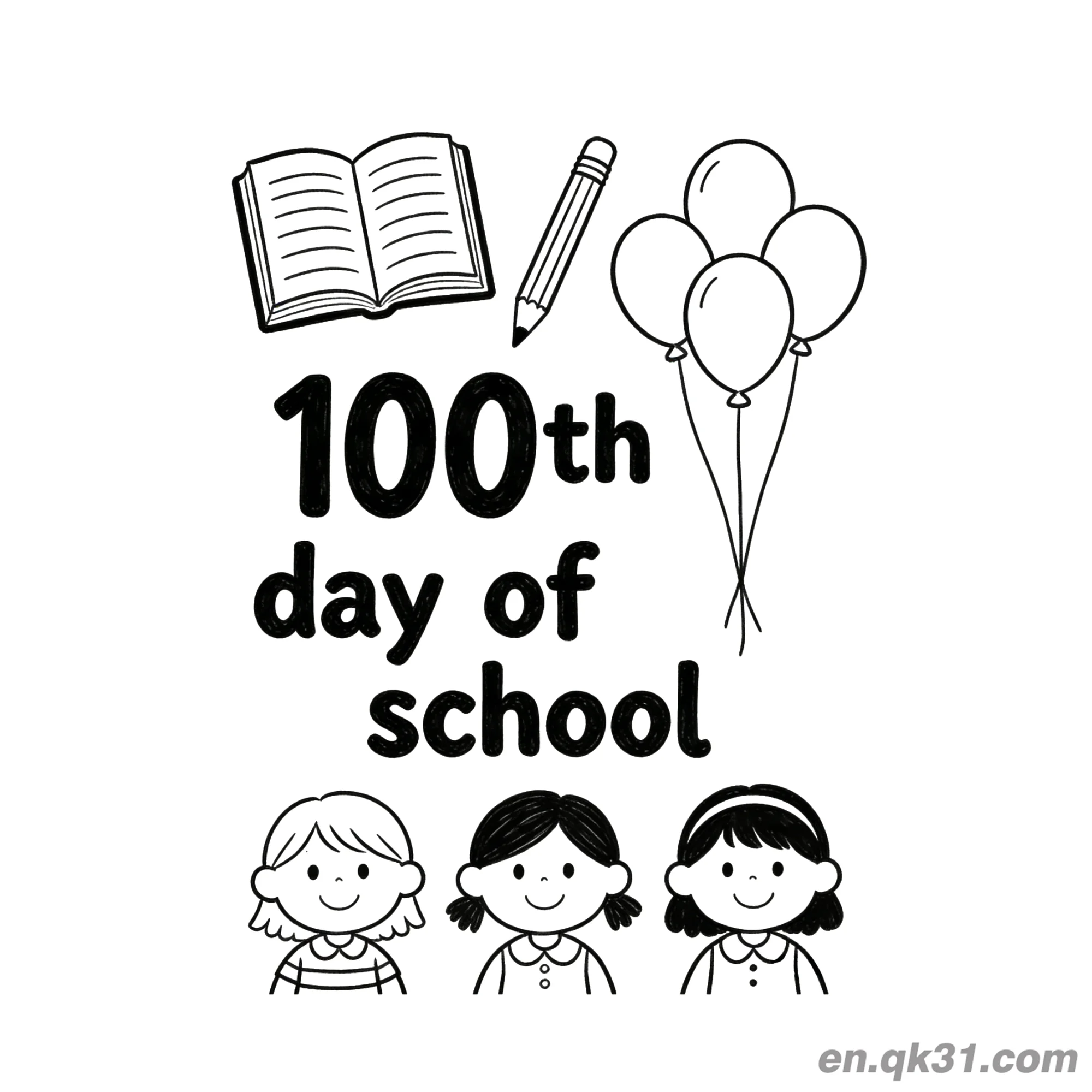 免费 三个女孩与气球的开学第100天涂色页 简笔画涂色页