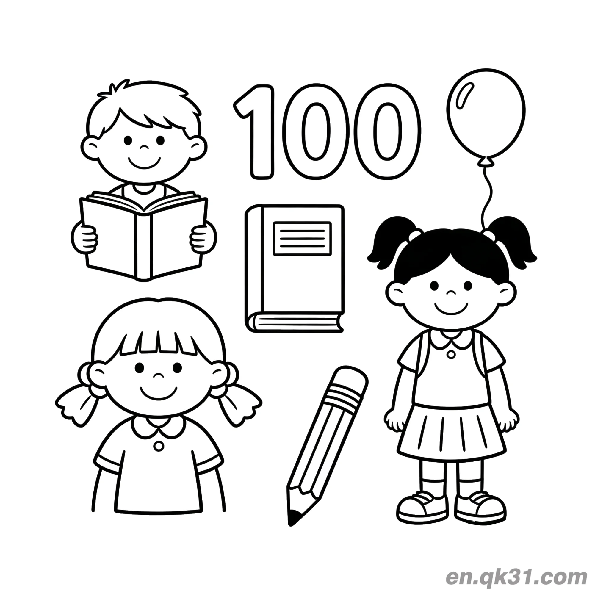 免费 三个孩子与气球的开学第100天涂色页 简笔画涂色页