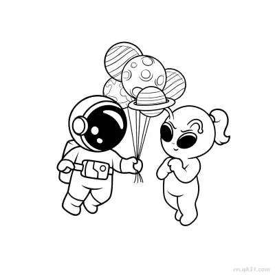 外星人和宇航员与行星气球涂色页 – 免费可打印简笔画涂色画