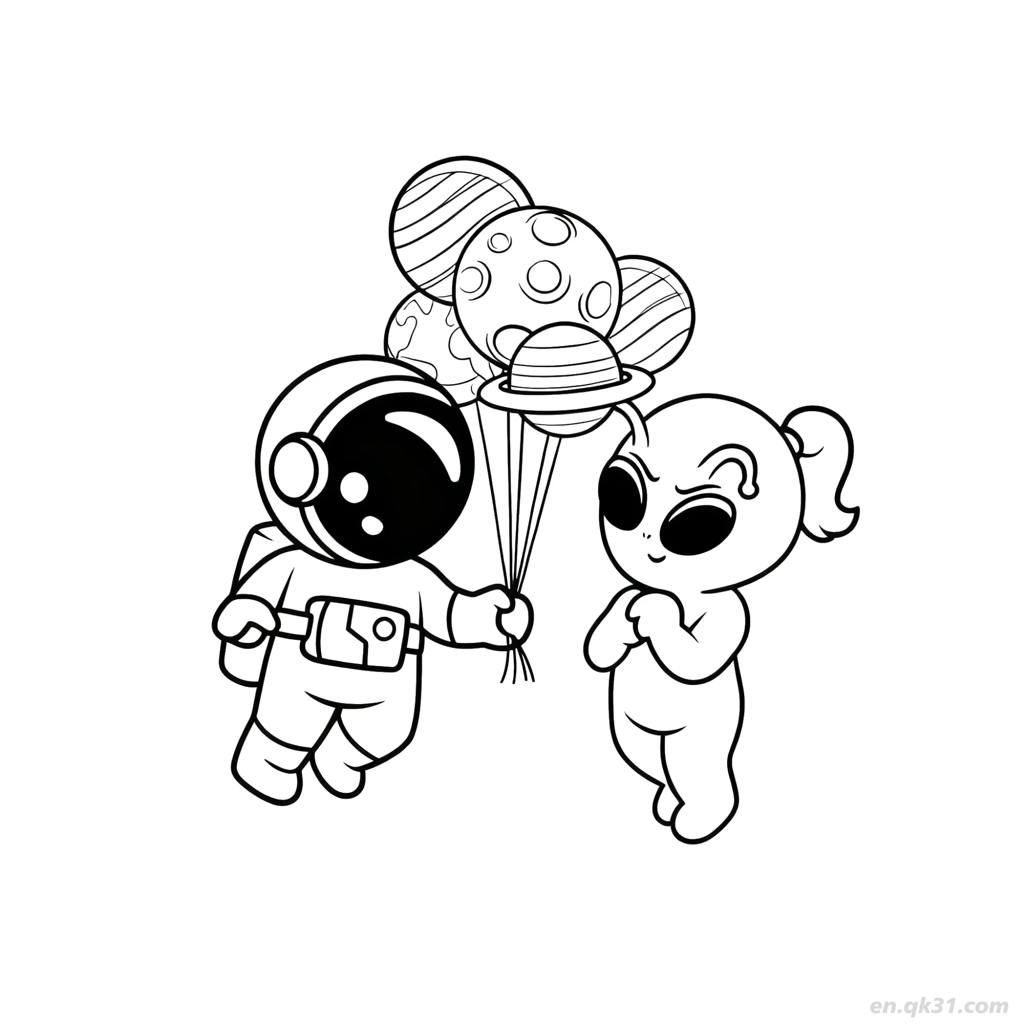 免费 外星人和宇航员与行星气球涂色页 简笔画涂色页