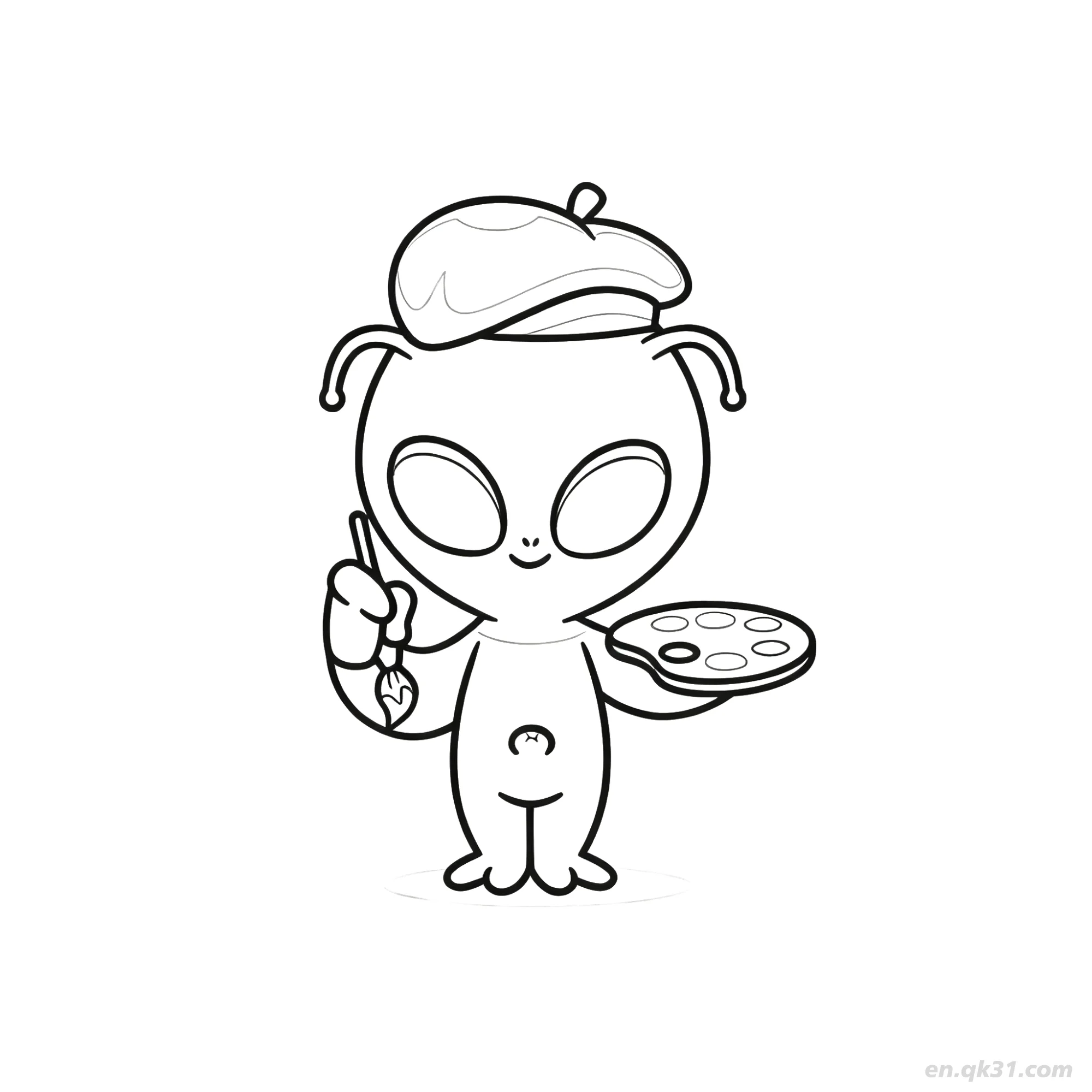 免费 外星人画家与调色板涂色页 简笔画涂色页