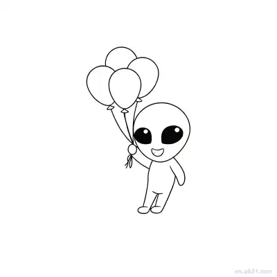 外星人拿四个气球涂色页 – 免费可打印简笔画涂色画