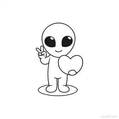 外星人拿爱心与和平手势涂色页 – 免费可打印简笔画涂色画