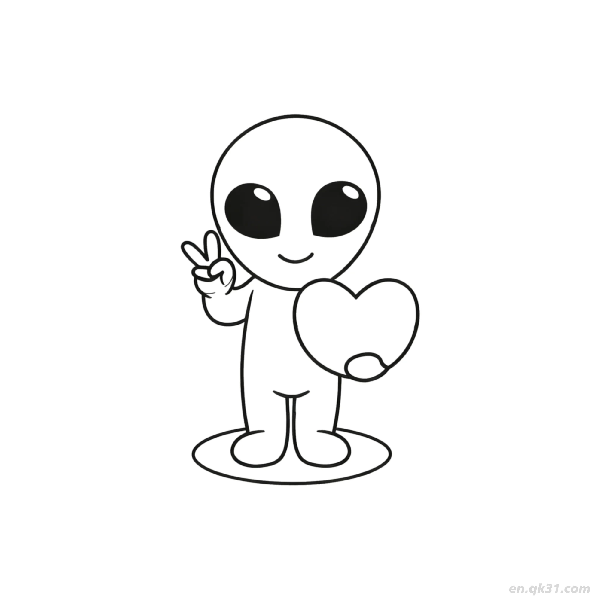 免费 外星人拿爱心与和平手势涂色页 简笔画涂色页