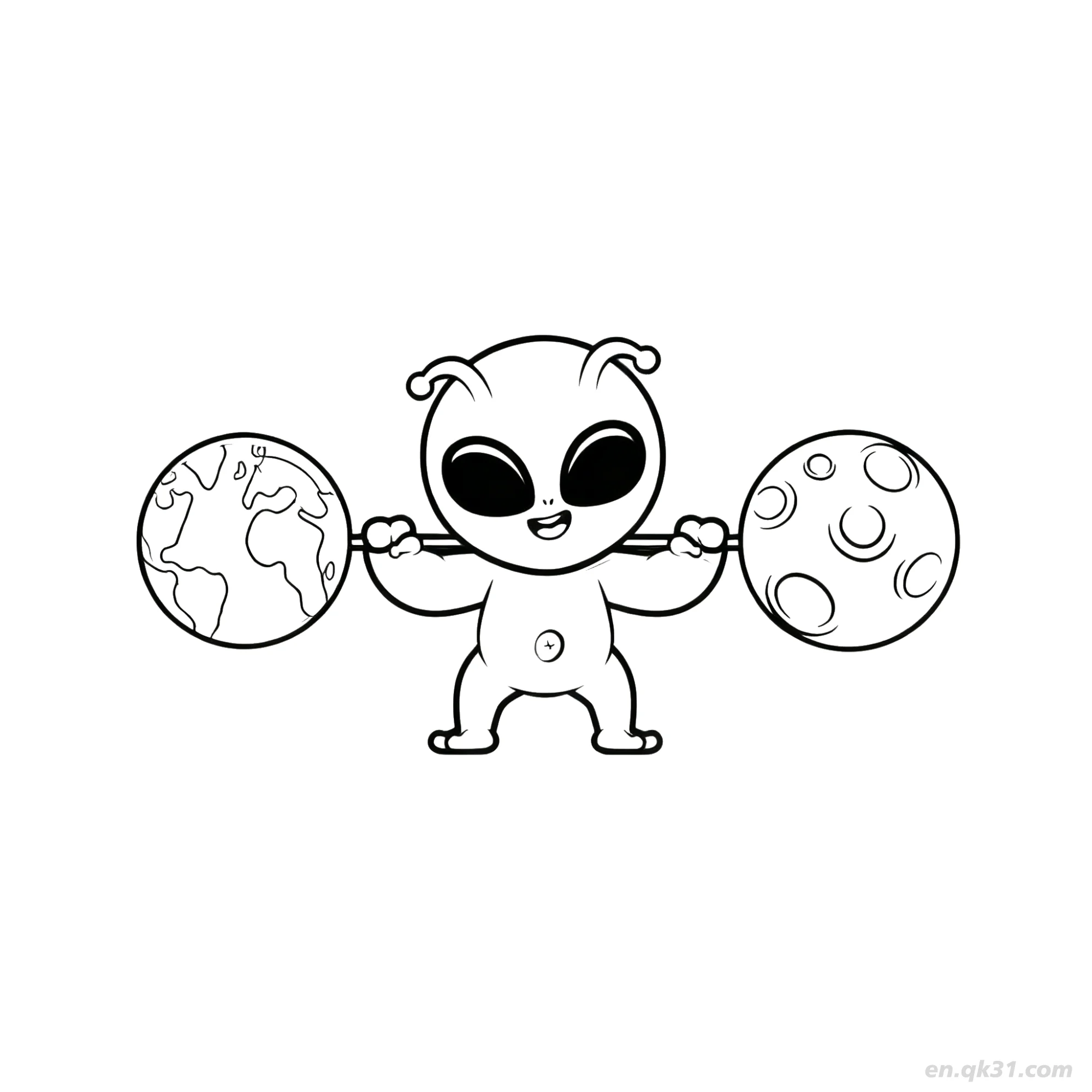 免费 外星人举地球月亮杠铃涂色页 简笔画涂色页