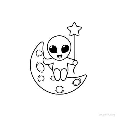 外星人在弯月上带魔杖涂色页 – 免费可打印简笔画涂色画
