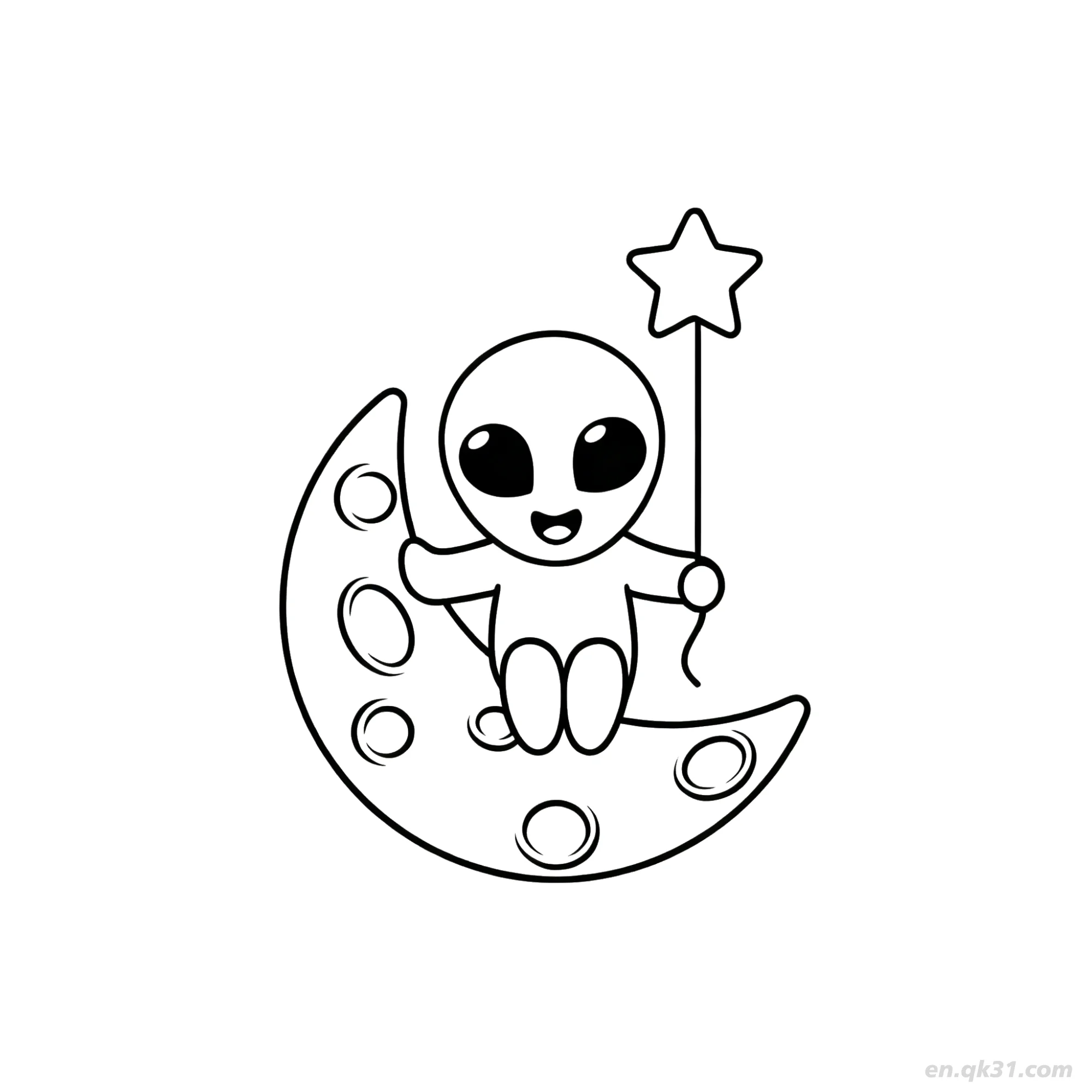 免费 外星人在弯月上带魔杖涂色页 简笔画涂色页