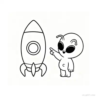外星人指向火箭涂色页 – 免费可打印简笔画涂色画
