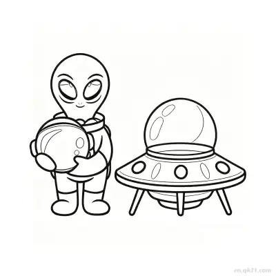 外星人站在UFO旁涂色页 – 免费可打印简笔画涂色画