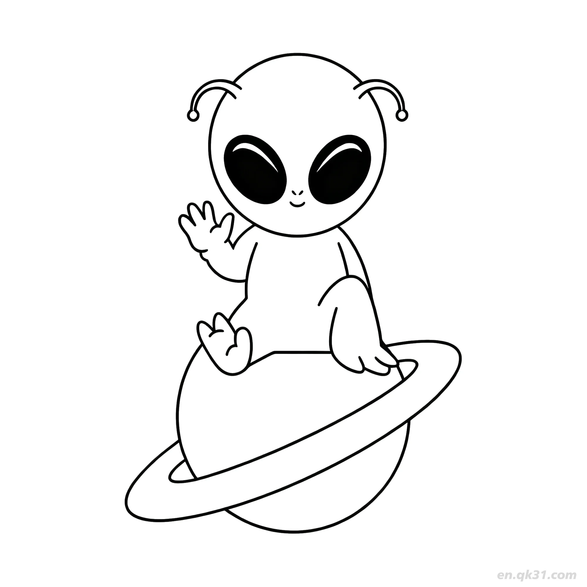 免费 外星人在土星上挥手涂色页 简笔画涂色页