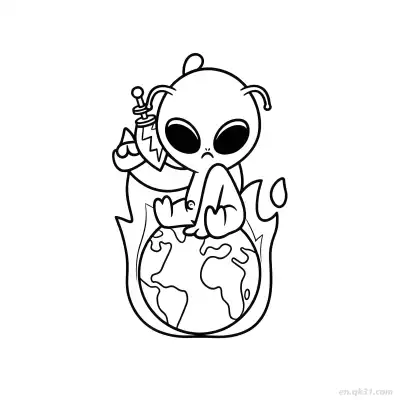 外星人持剑在燃烧地球上涂色页 – 免费可打印简笔画涂色画