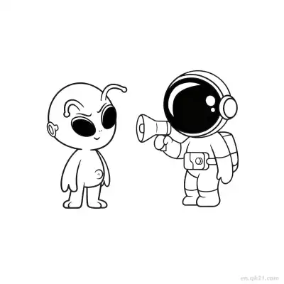 宇航员用扩音器对外星人说话涂色页 – 免费可打印简笔画涂色画
