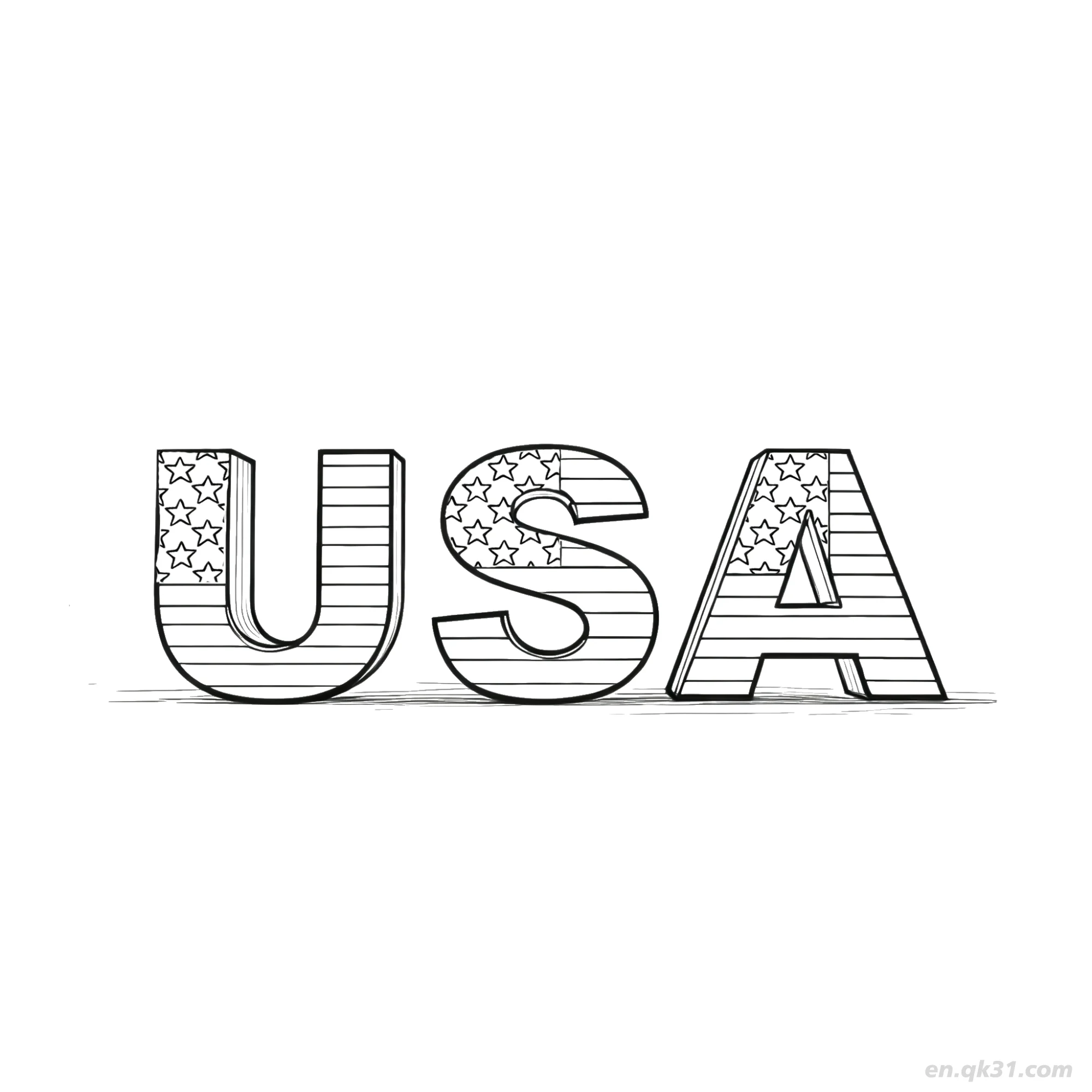 3D美国文字国旗设计涂色页简笔画涂色画 – 为儿童和成人提供的免费可打印简笔画涂色画