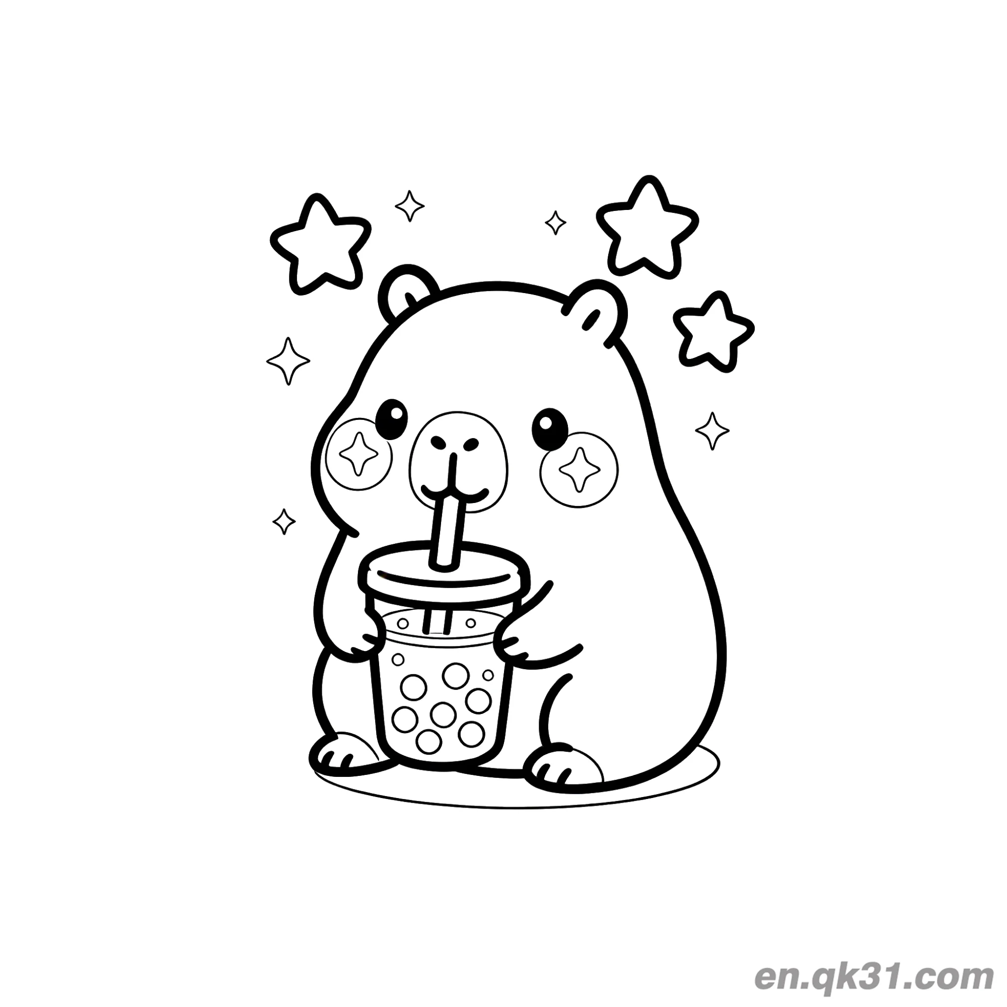 免费 卡比巴拉喝带星星珍珠奶茶涂色页 简笔画涂色页