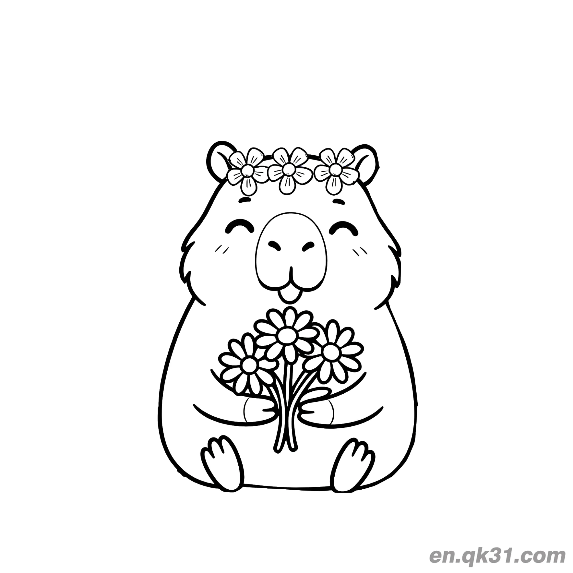 免费 卡比巴拉戴花冠拿花束涂色页 简笔画涂色页