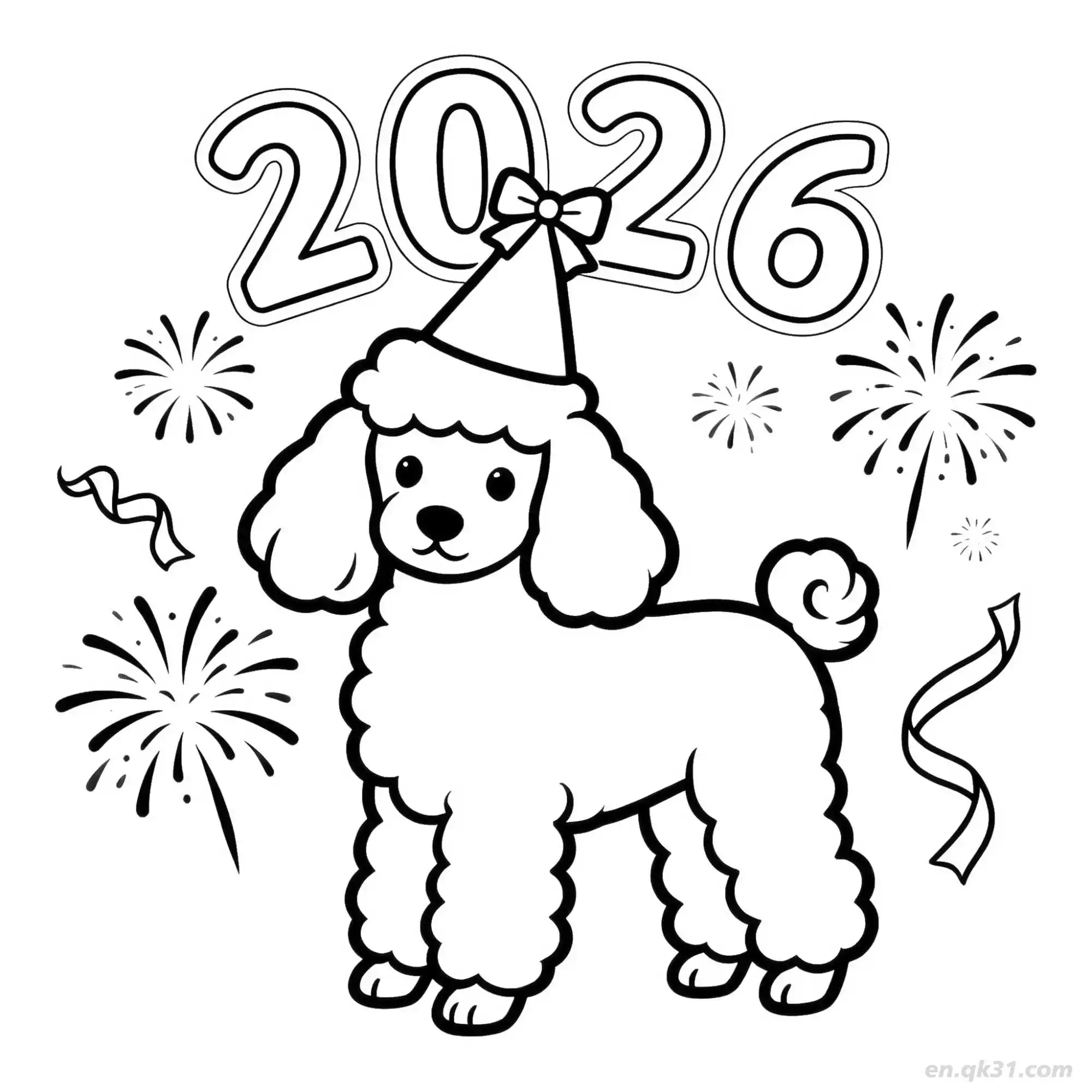 免费 2026新年快乐狗 2简笔画 素描 涂鸦 - 免费可打印狗 下载PDF 简笔画涂色页
