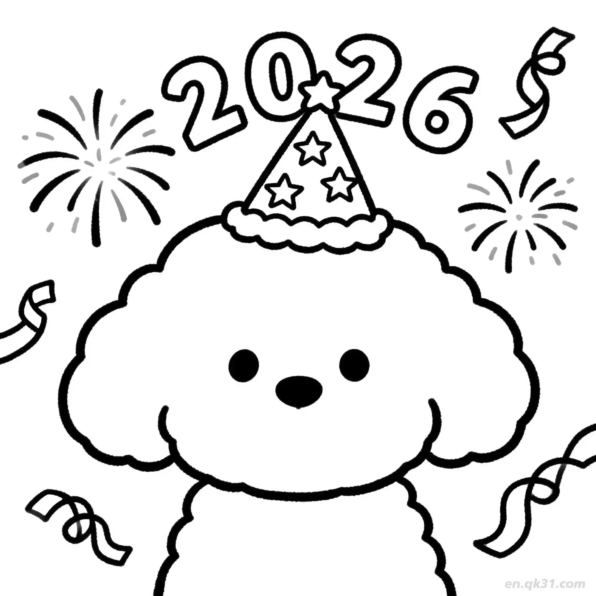 免费 2026新年快乐狗 3简笔画 素描 涂鸦 - 免费可打印狗 下载PDF 简笔画涂色页