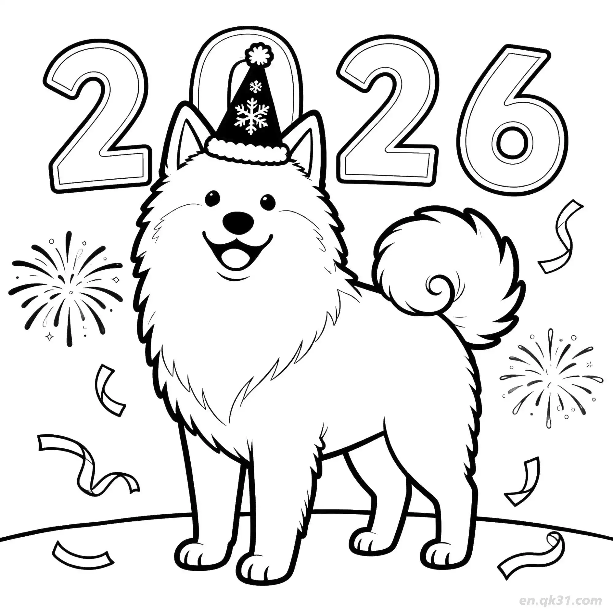免费 2026新年快乐狗 6简笔画 素描 涂鸦 - 免费可打印狗 下载PDF 简笔画涂色页