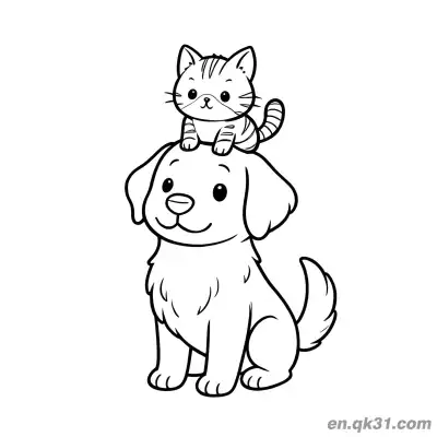 卡通金毛寻回犬头上顶猫可爱风格简笔画涂色页 – 免费可打印简笔画涂色画