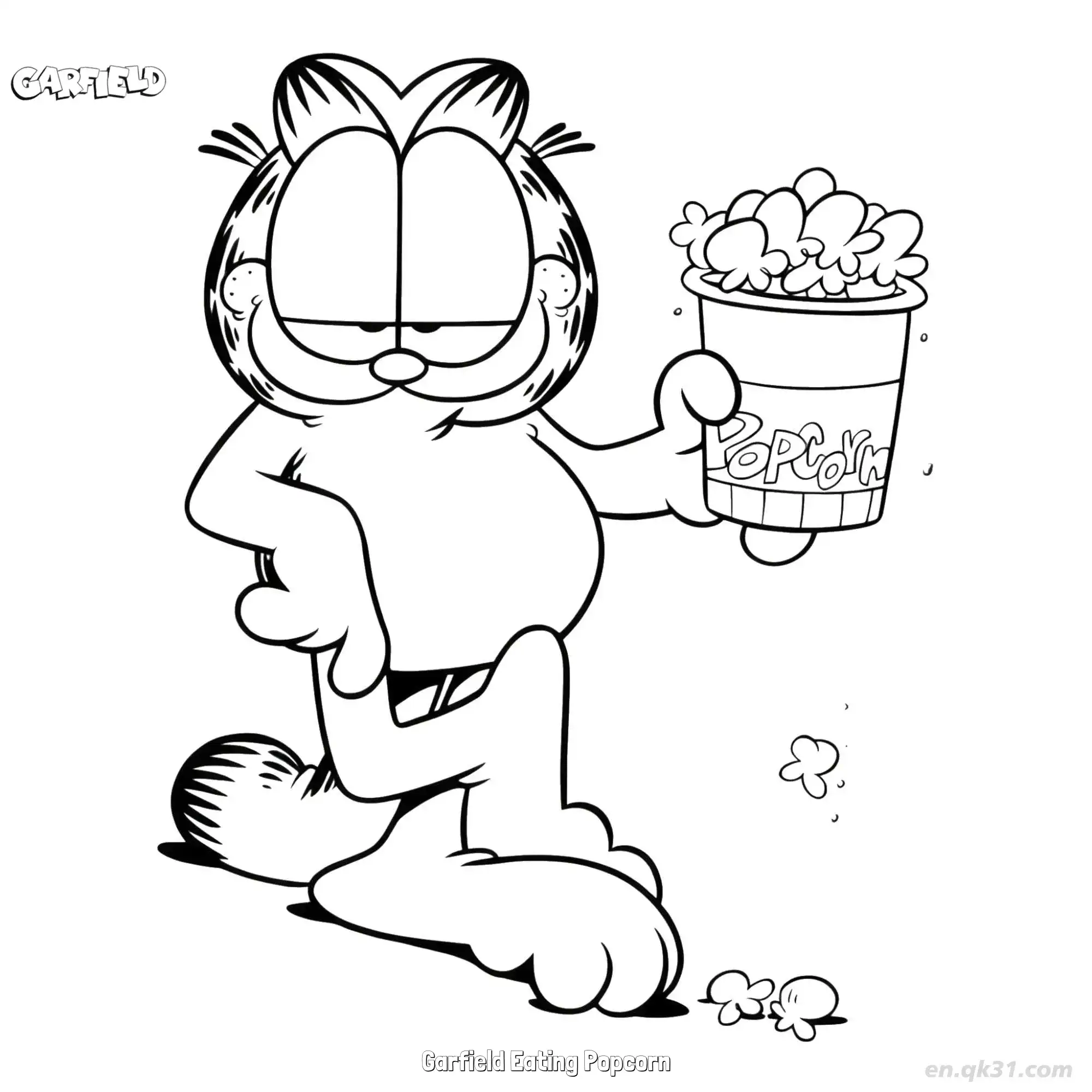 免费 吃爆米花的加菲猫 简笔画 素描 涂鸦 - 免费可打印加菲猫 下载PDF 简笔画涂色页