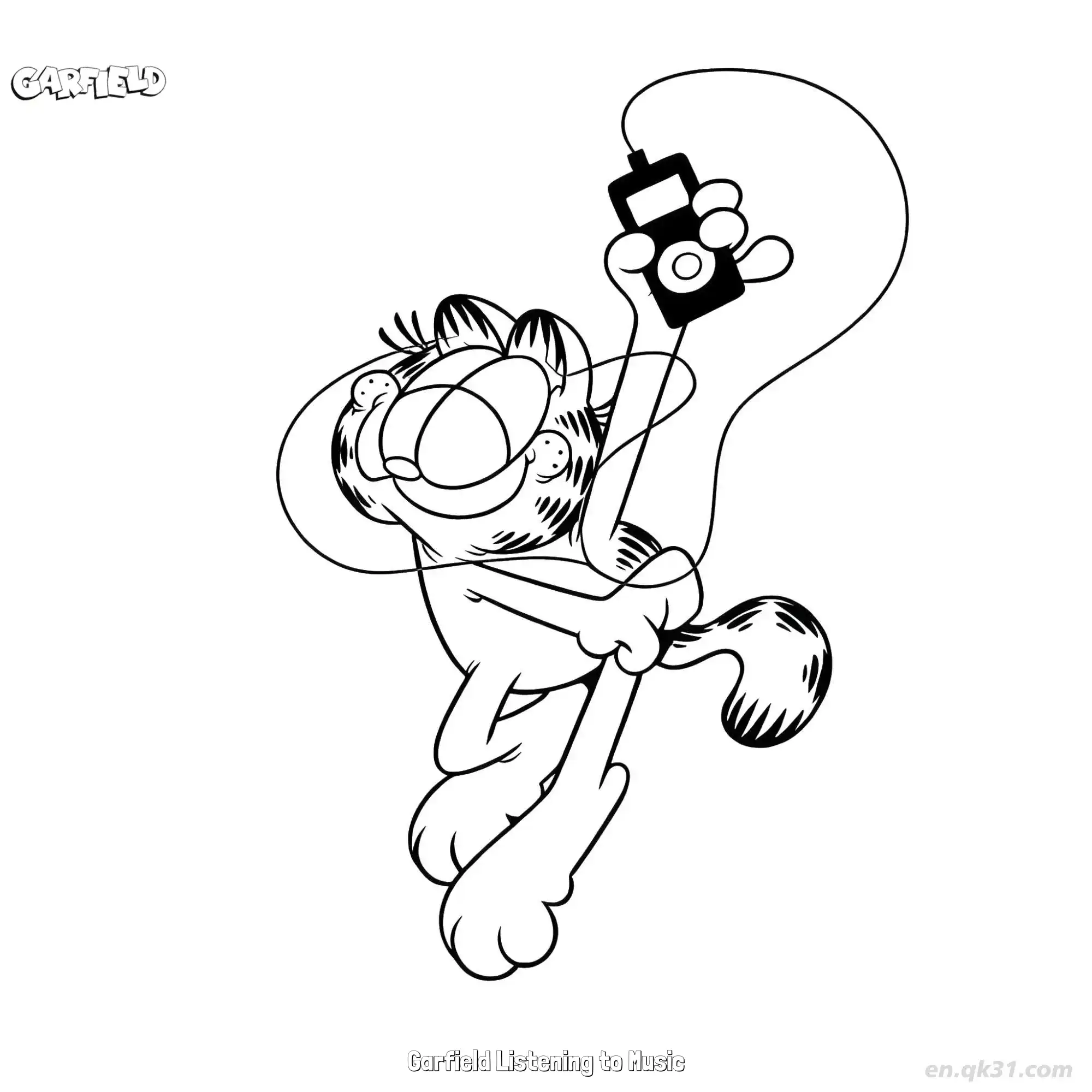 免费 听音乐的加菲猫 简笔画 素描 涂鸦 - 免费可打印加菲猫 下载PDF 简笔画涂色页