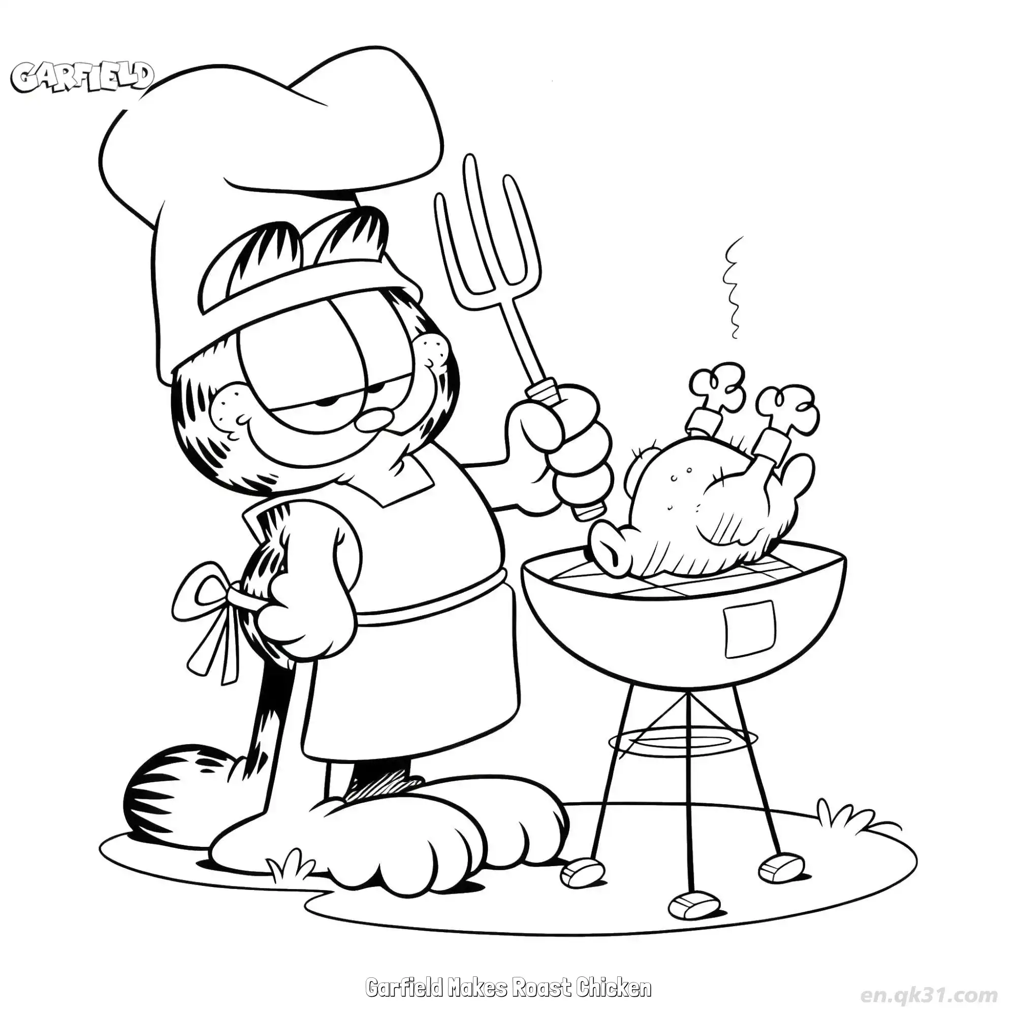 免费 做烤鸡的加菲猫 简笔画 素描 涂鸦 - 免费可打印加菲猫 下载PDF 简笔画涂色页
