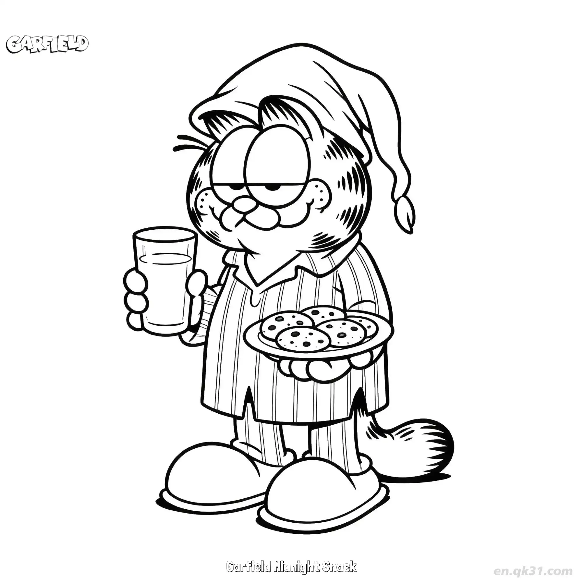 免费 吃宵夜的加菲猫 简笔画 素描 涂鸦 - 免费可打印加菲猫 下载PDF 简笔画涂色页