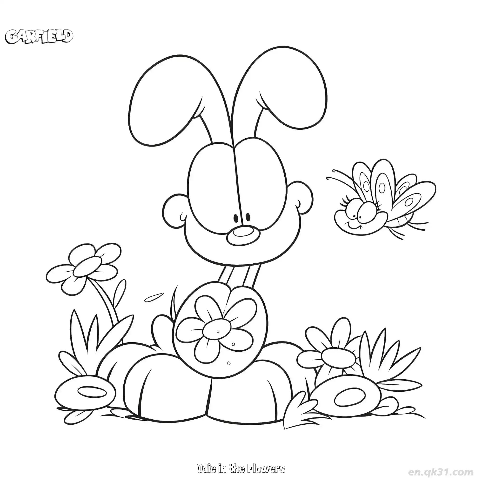 免费 花丛中的欧迪 简笔画 素描 涂鸦 - 免费可打印加菲猫 下载PDF 简笔画涂色页