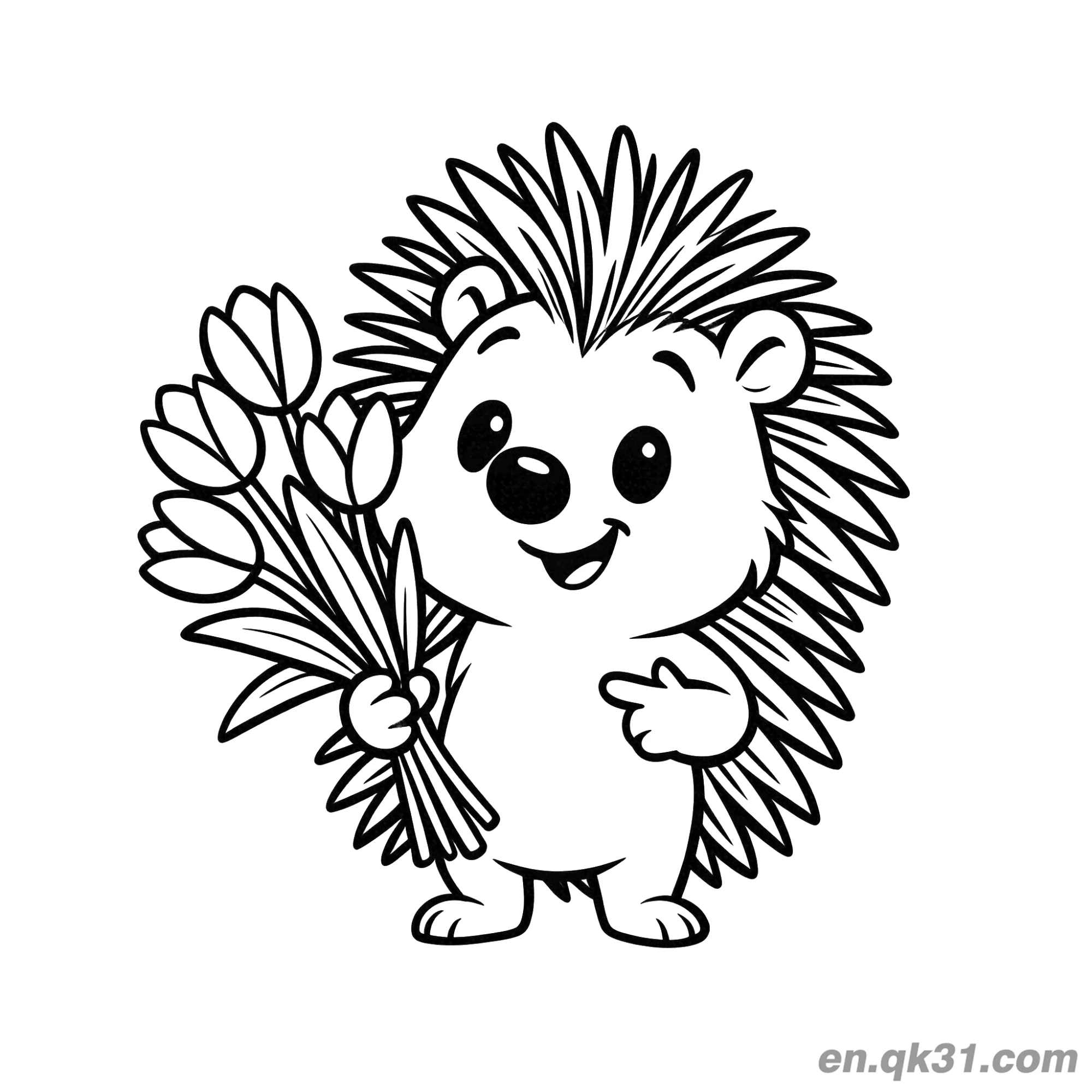 免费 拿郁金香花束刺猬涂色页 简笔画涂色页