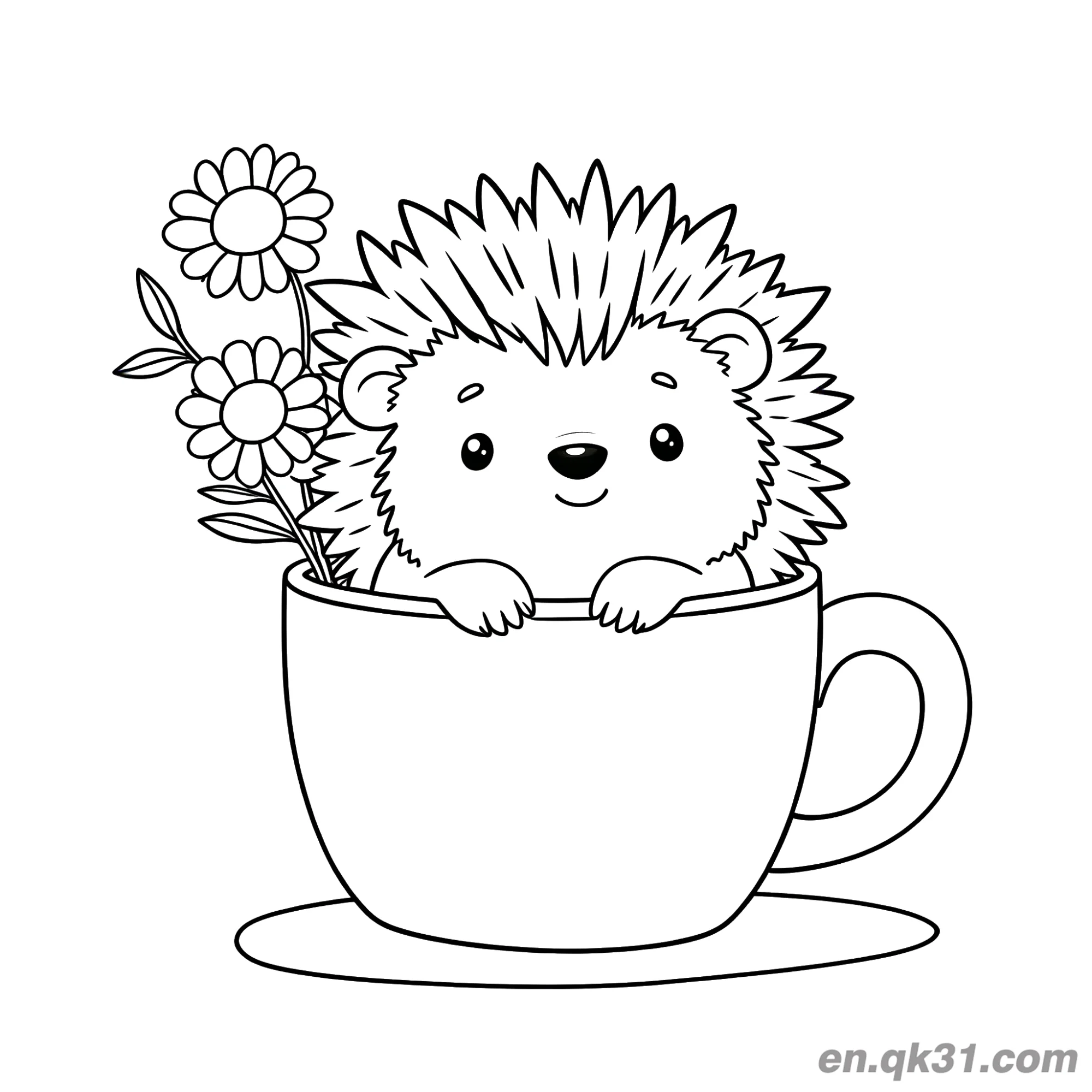 茶杯雏菊刺猬涂色页简笔画涂色画 – 为儿童和成人提供的免费可打印简笔画涂色画