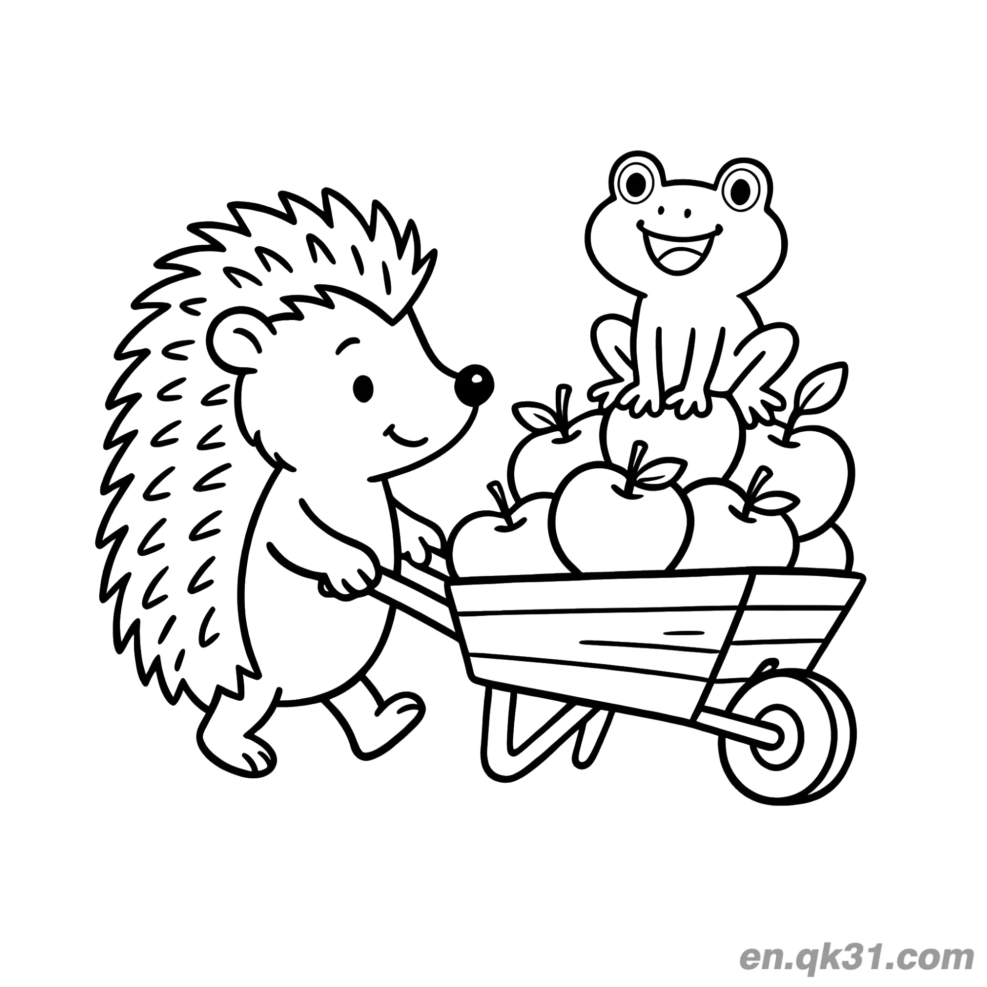 免费 推手推车苹果青蛙刺猬涂色页 简笔画涂色页