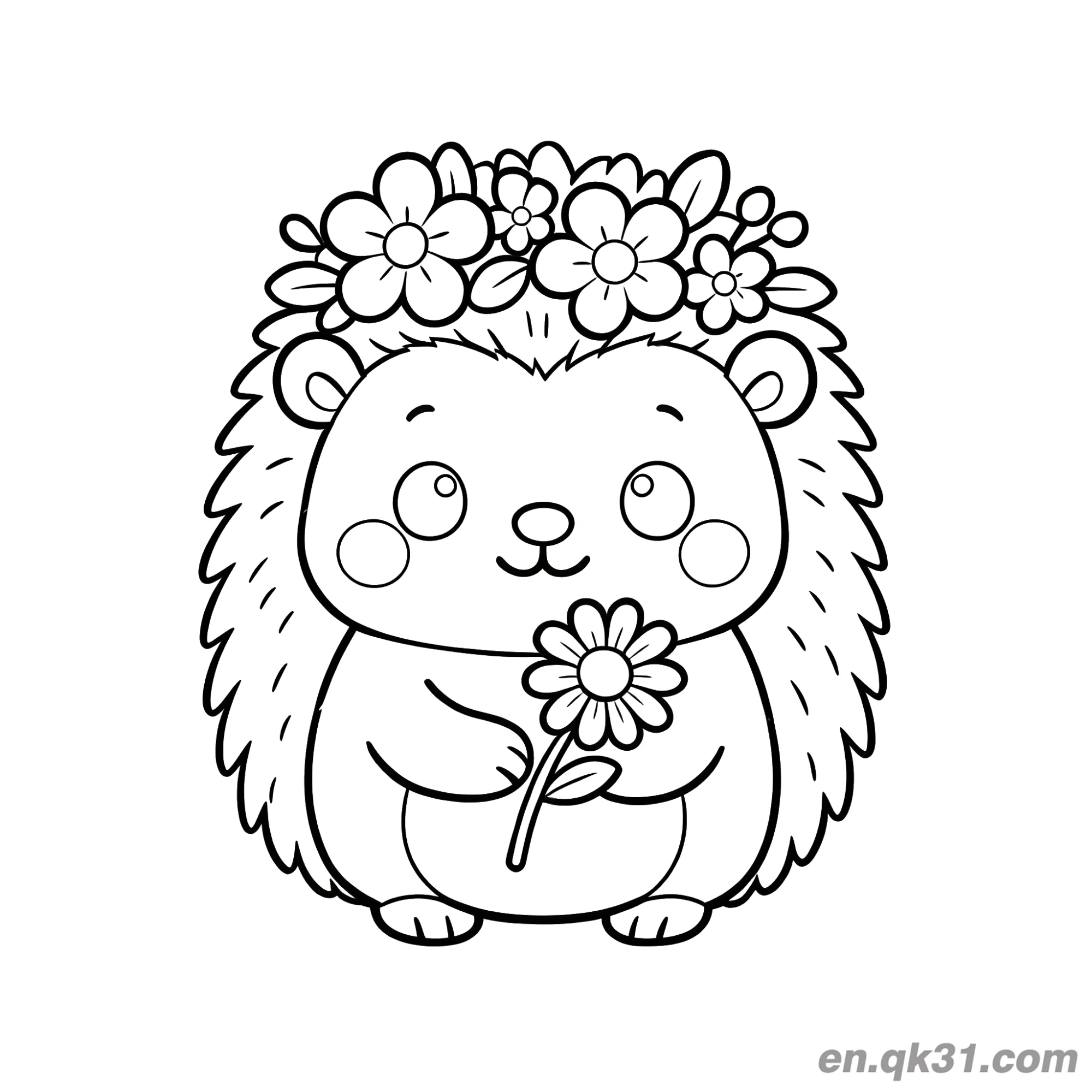 免费 花冠拿花刺猬涂色页 简笔画涂色页