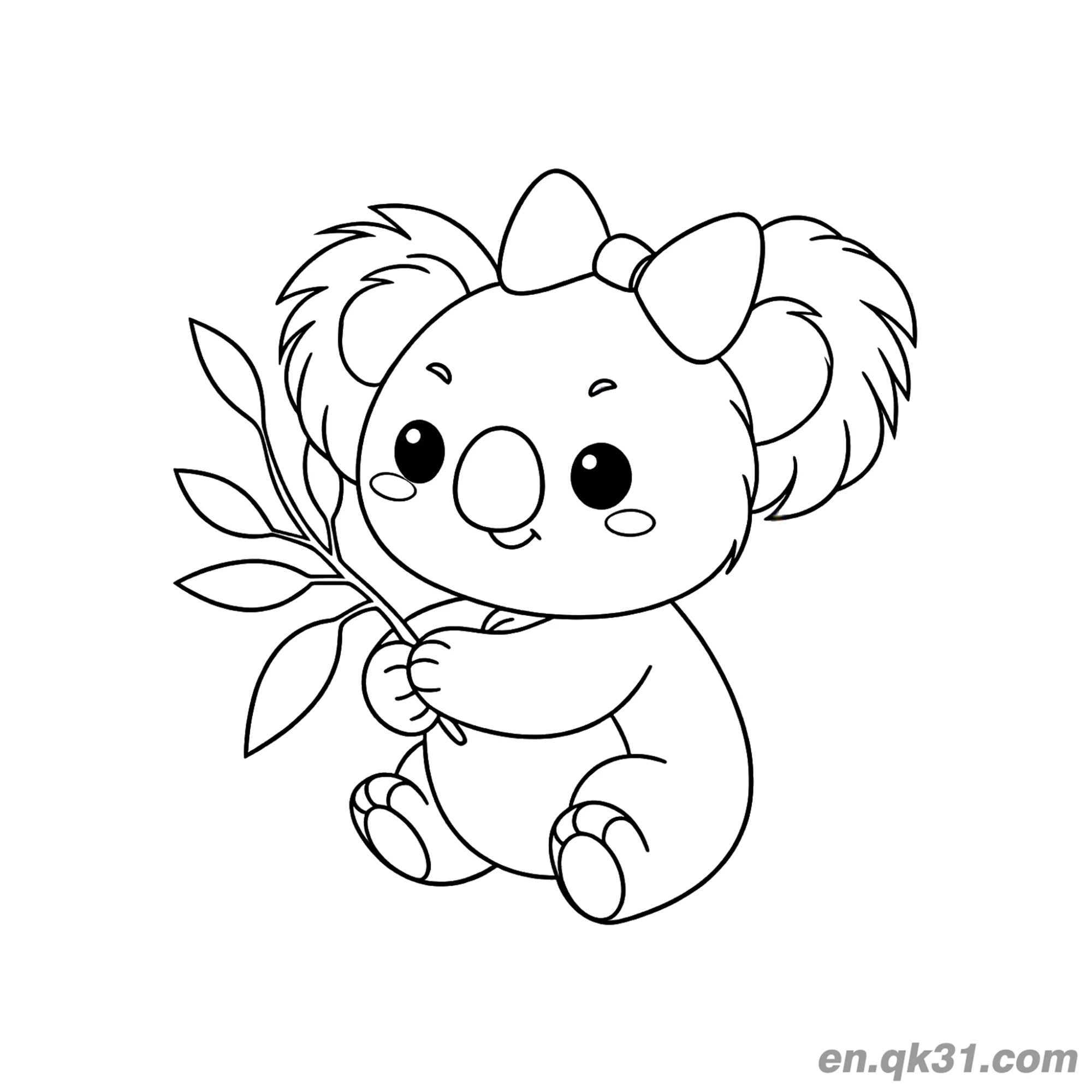 免费 戴蝴蝶结抱树枝的可爱考拉简笔画涂色页 简笔画涂色页